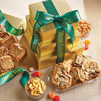 This Christmas cookie tower features an assortment of 2 1/2 dozen freshly-baked cookies, 1/2 lb. honey roasted peanuts, 1/2 lb. hard candy and a 1/2 lb. of crunchy fruit and nut mix.