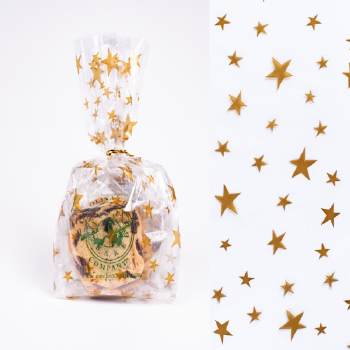 More Stars Cookie Gift Bag - Shining gold stars on a transparent bag filled with half a dozen gourmet cookies. Choose your favorite flavor and send a gift online from Carolina Cookie Company!
