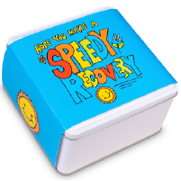 Blue cookie tin with Speedy Recovery message. Perfect for a gift, get well cookie delivery by Carolina Cookie