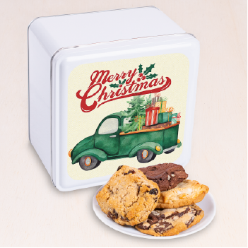 Our Vintage Christmas Cookie Tin features up to 2 dozen gourmet cookies in your favorite flavor or choice of specially curated assortment.