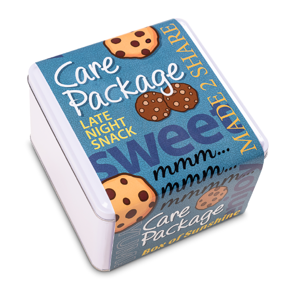 Cookie tin gift with Care Package message on top, perfect for a loved one. It can be delivered as a thank you gift or get well soon gift or even a corporate gift. Online delivery