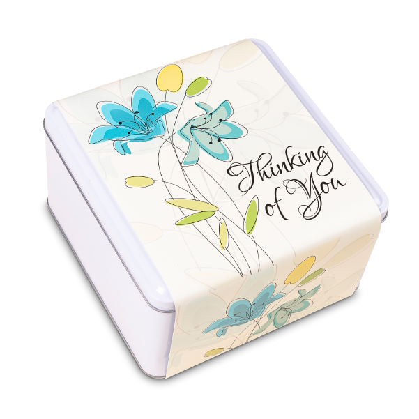 Thank you cookie tin with blue flowers by Carolina Cookie. Delicious cookie assortment for a spring a summer gift. Say thank you with cookies