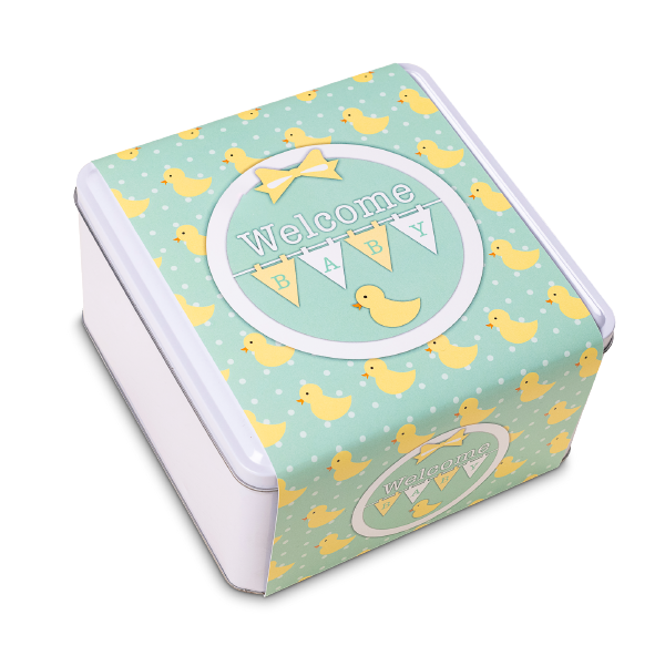 Welcome Baby Cookie Tin - Share the joy with cute baby ducks and a 'Welcome Baby' message. Delicious gourmet treats from Carolina Cookie Company. Perfect for a gift idea delivered