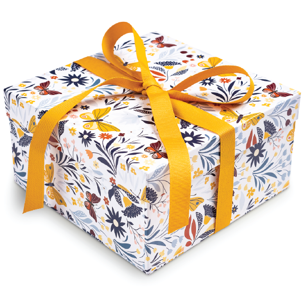 Colorful flowers and butterflies cookie box with a yellow ribbon by Carolina Cookie. Order and it will be delivered to someone you love. Summer and autumn gifts
