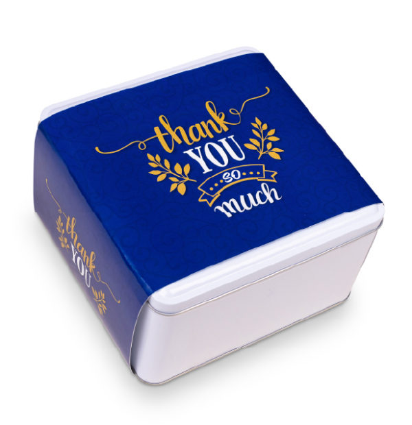 Blue thank you so much cookie tin for a perfect appreciation gift: teacher, boss, or employee appreciation. Treat someone special with an online cookie gift. Delicious assortments to choose from.