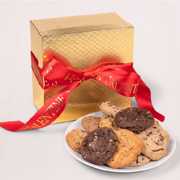This lovely gold Valentine's Day cookie box is tied with a ribbon and filled with up to 4 dozen individually-wrapped gourmet cookies in your flavor choice.
