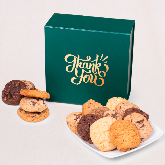 Our Embossed Thank You Cookie Box offers a classic look as is filled with 24 of our delicious gourmet cookies in a favorite flavor or choice of assortment.
