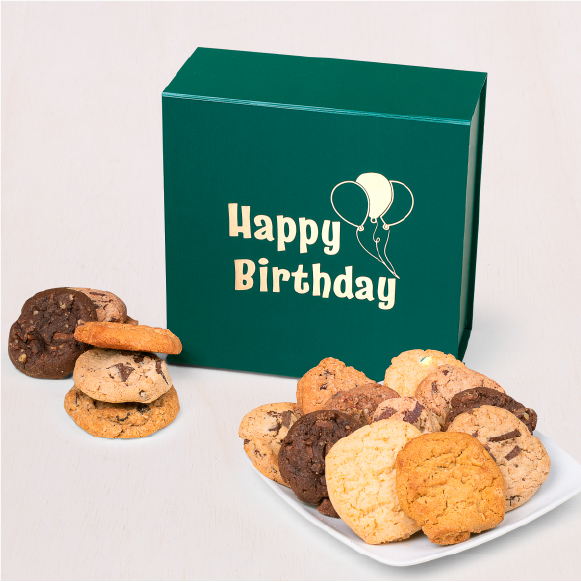 Our Embossed Happy Birthday Cookie Box provides a classic look and is filled with 24 of our delicious gourmet cookies in your choice of flavor or assortment.