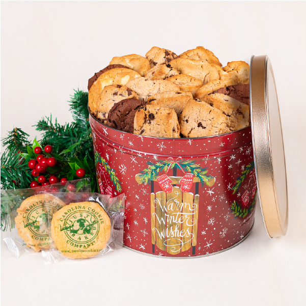 This charming Christmas cookie bucket features snow sled and holly imagery and includes 50 of our larger 2.1-ounce cookies in either Chunky Chocolate, Oatmeal Raisin or a combination of the two.