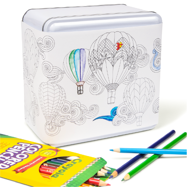 Colorable Hot Air Balloons Cookie Tin - A playful and interactive gift from Carolina Cookie Company. A gift for creativity as you color this delightful tin. Perfect for kids and friends alike!