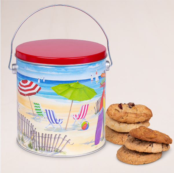 Delicious Cookie Pail Assortment - chocolate, lemon, toffee,e and more baked and shipped by Carolina Cookie.Summer beach painting on a pale as a summer and holiday gift.