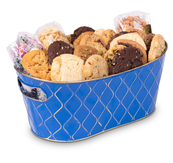 Blue cookie bucket with delicious cookie as a perfect Happy Birthday gift by Carolina Cookie
