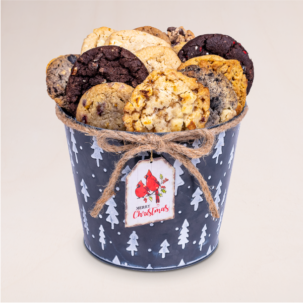 Anyone will love this decorative metal Christmas cookie bucket featuring 18 of our delicious, freshly baked gourmet cookies.