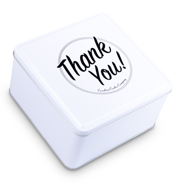 White Cookie Tin baked by Carolina Cookie. A perfect and elegant gift as a thank you with delicious cookie assortments. Same-day shipping, delivering fresh to doorsteps.