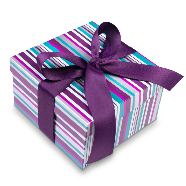 Striped and colorful cookie box with a purple ribbon - perfect for any occasion gifts filled with delicious cookies like chocolate, toffee, white chocolate, and more. Order online from Carolina Cookie