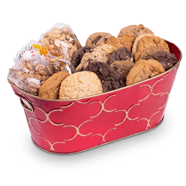 Holiday joy captured in a stunning red and gold bucket filled with Carolina Cookie Company's finest gourmet delights. Our premium cookies as a Happy anniversary cookies gift delivered.